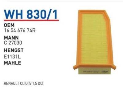165467674R Renault Clio Iv 1.5 Dcı Hava Sarı Kağıt Hava Filitresi Wunder - WUNDER